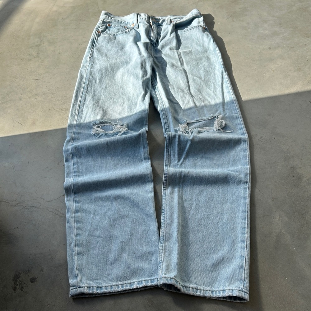 Levis Low Pro Straight Light Wash Distressed Jeans